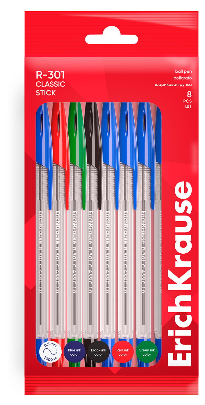 

Набор ручек шариковых ErichKrause R-301 Stick Classic 1.0, 8 шт