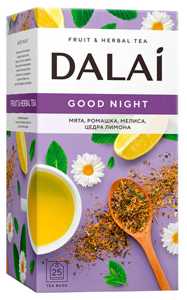 

Чайный напиток Dalai Good Night с мятой ромашкой мелиссой и цедрой лимона Беларусь, 25 пакетиков
