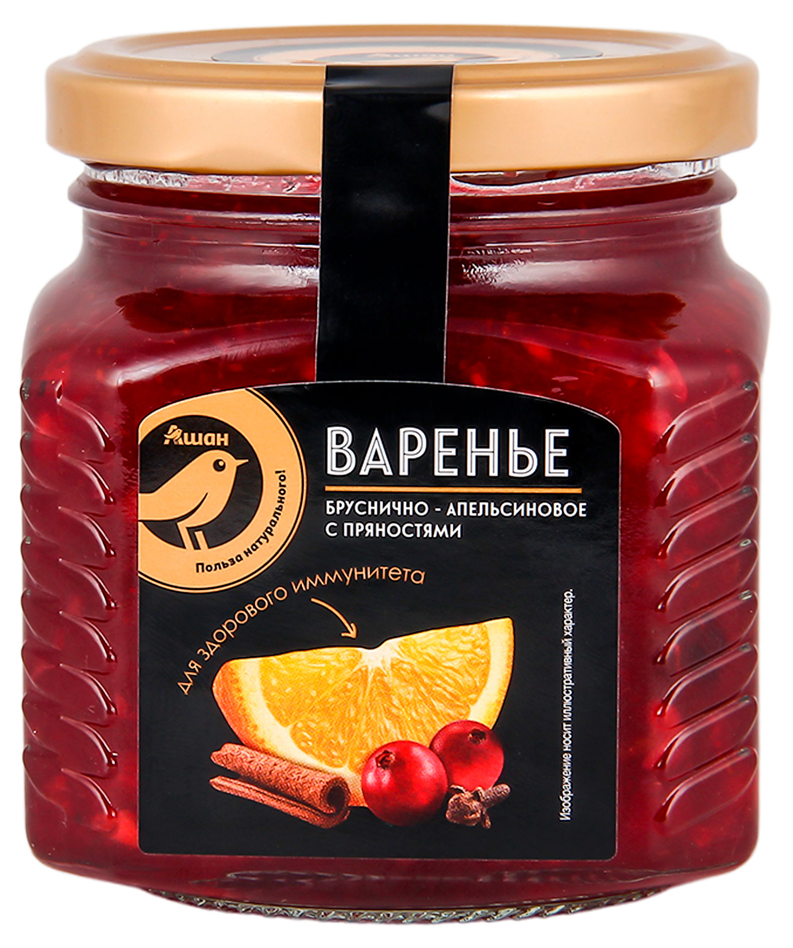 

Варенье АШАН Золотая птица из брусники и апельсина с пряностями, 310 г