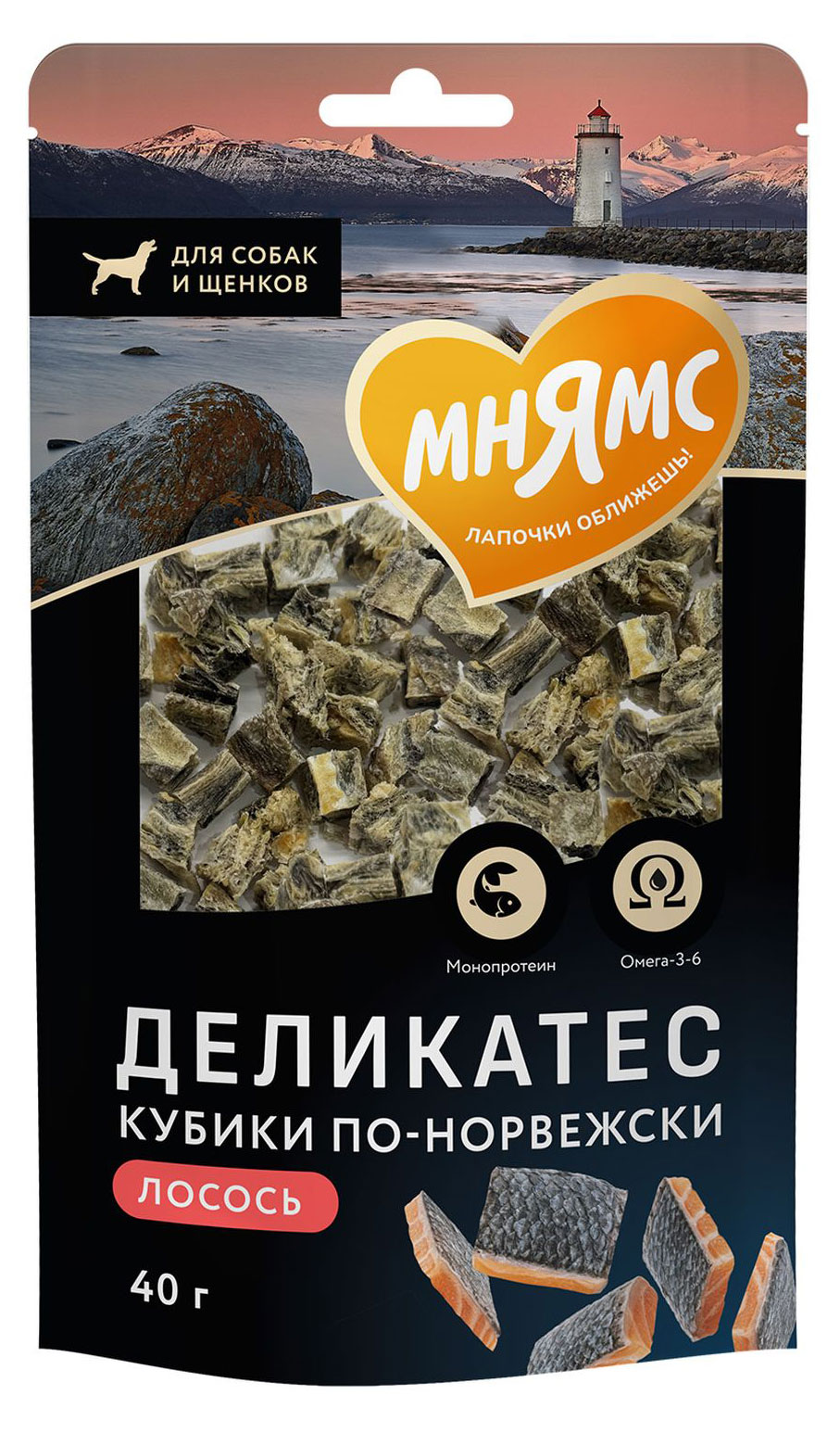 

Лакомство для собак Мнямс Деликатес Кубики по-норвежски лосось, 40 г