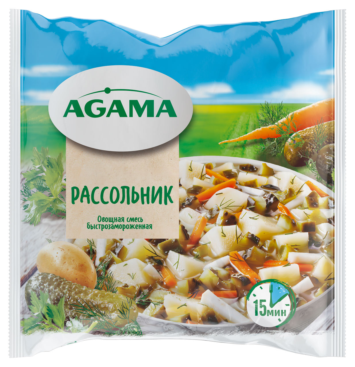 

Овощная суповая смесь Рассольник Agama картофель морковь с квашенными огурцами и зеленью замороженная, 400 г
