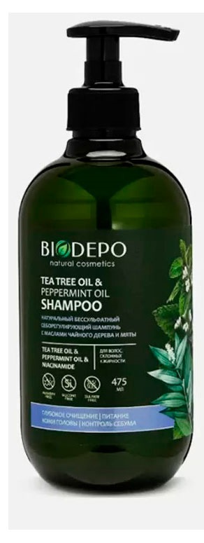 

Шампунь бессульфатный натуральный себорегулирующий Biodepo с маслами чайного дерева и мяты, 475 мл