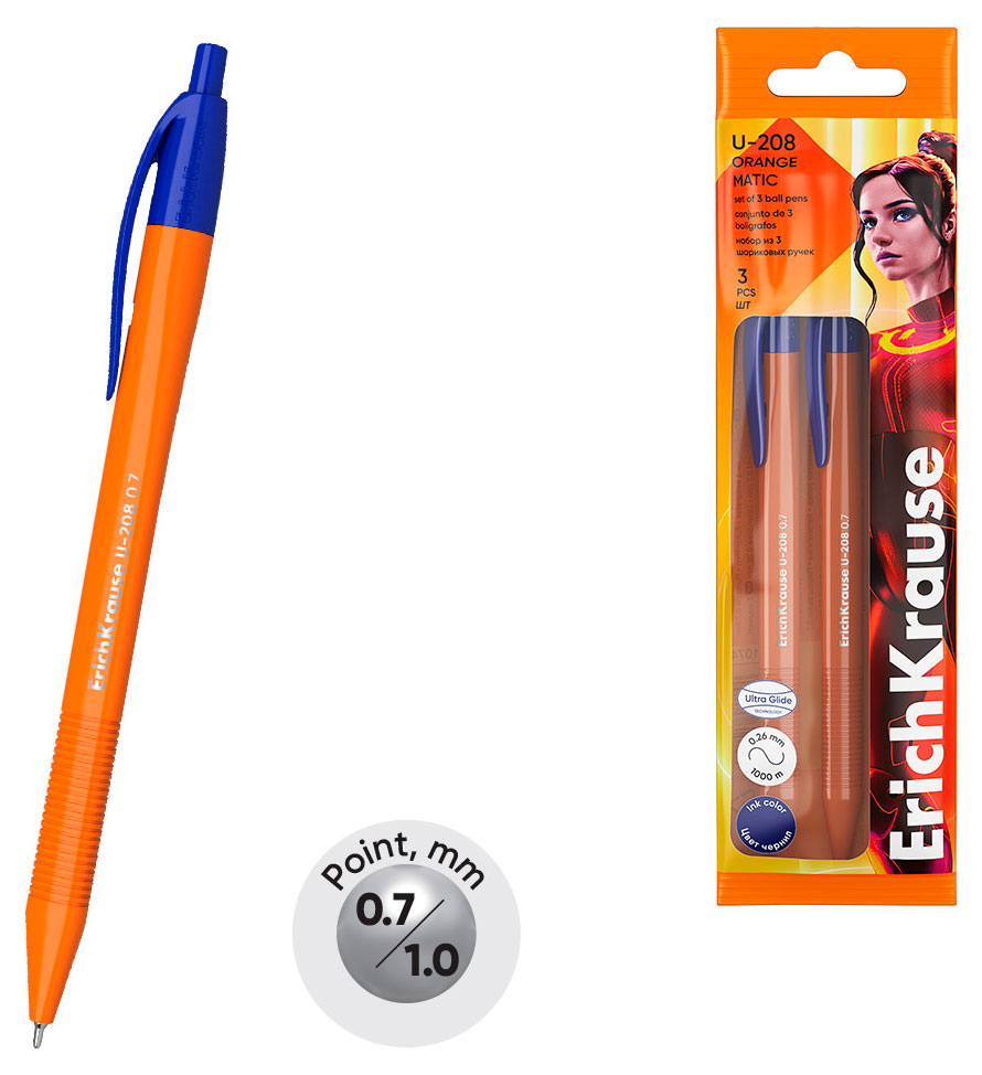 Изображение товара Набор шариковых автоматических ручек ErichKrause U-208 Orange синие 3 шт