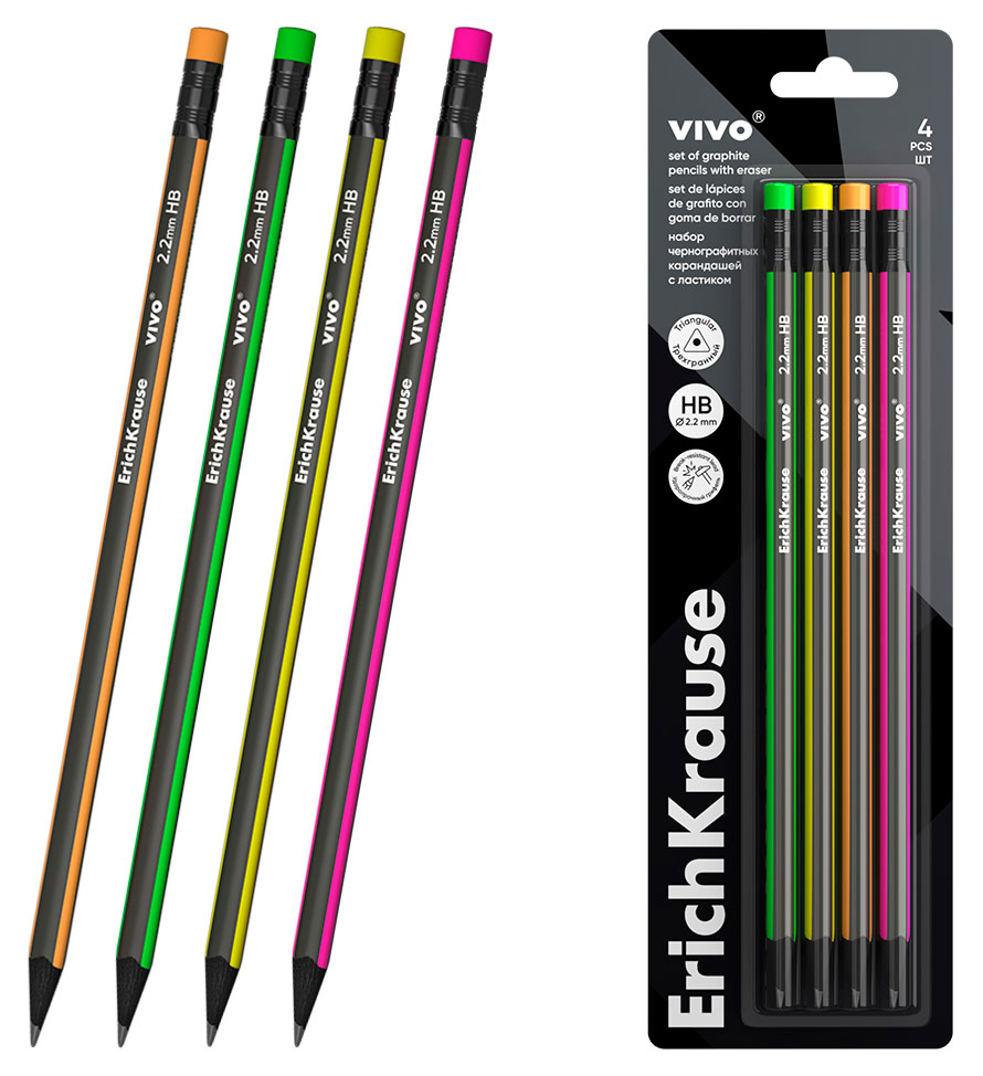 

Набор карандашей чернографитных ErichKrause Vivo HB 2,2 мм с ластиком, 4 шт