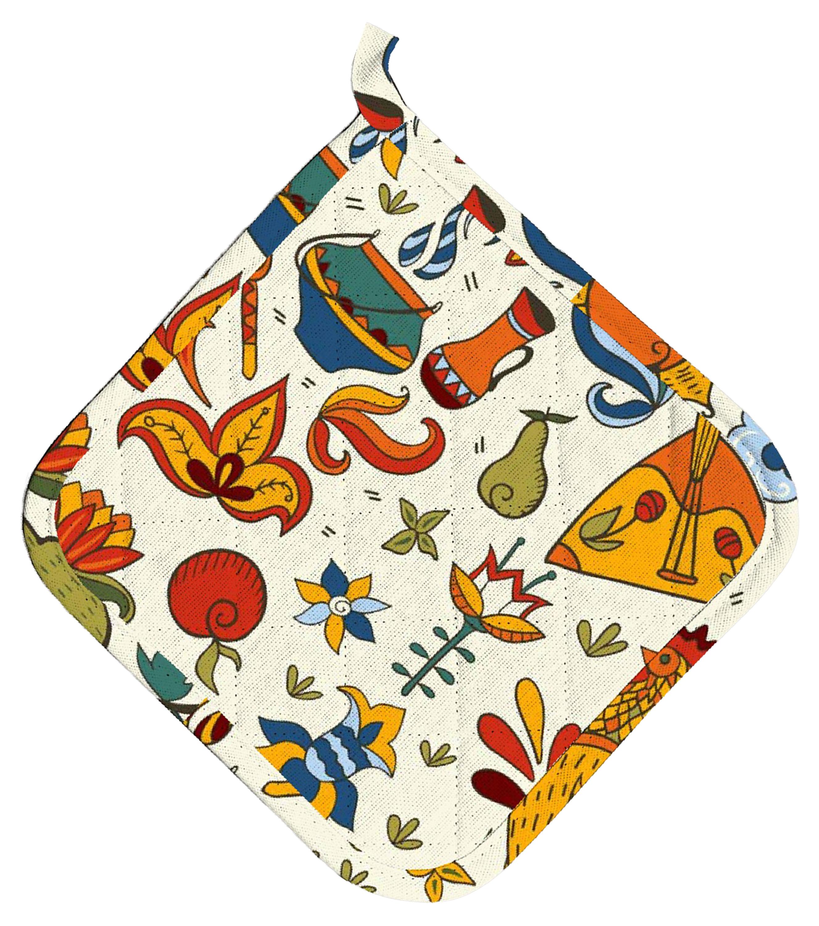 Изображение товара Прихватка стеганная Лен Наш Петухи 18х18 см из рогожки для кухни