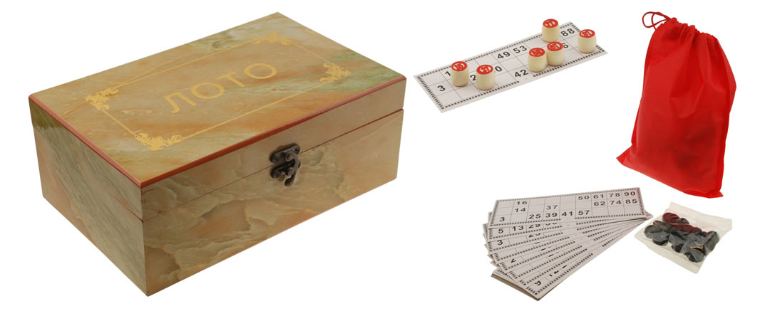 Изображение товара Настольная игра Лото ДОМ в подарочной упаковке деревянные бочонки и карточки