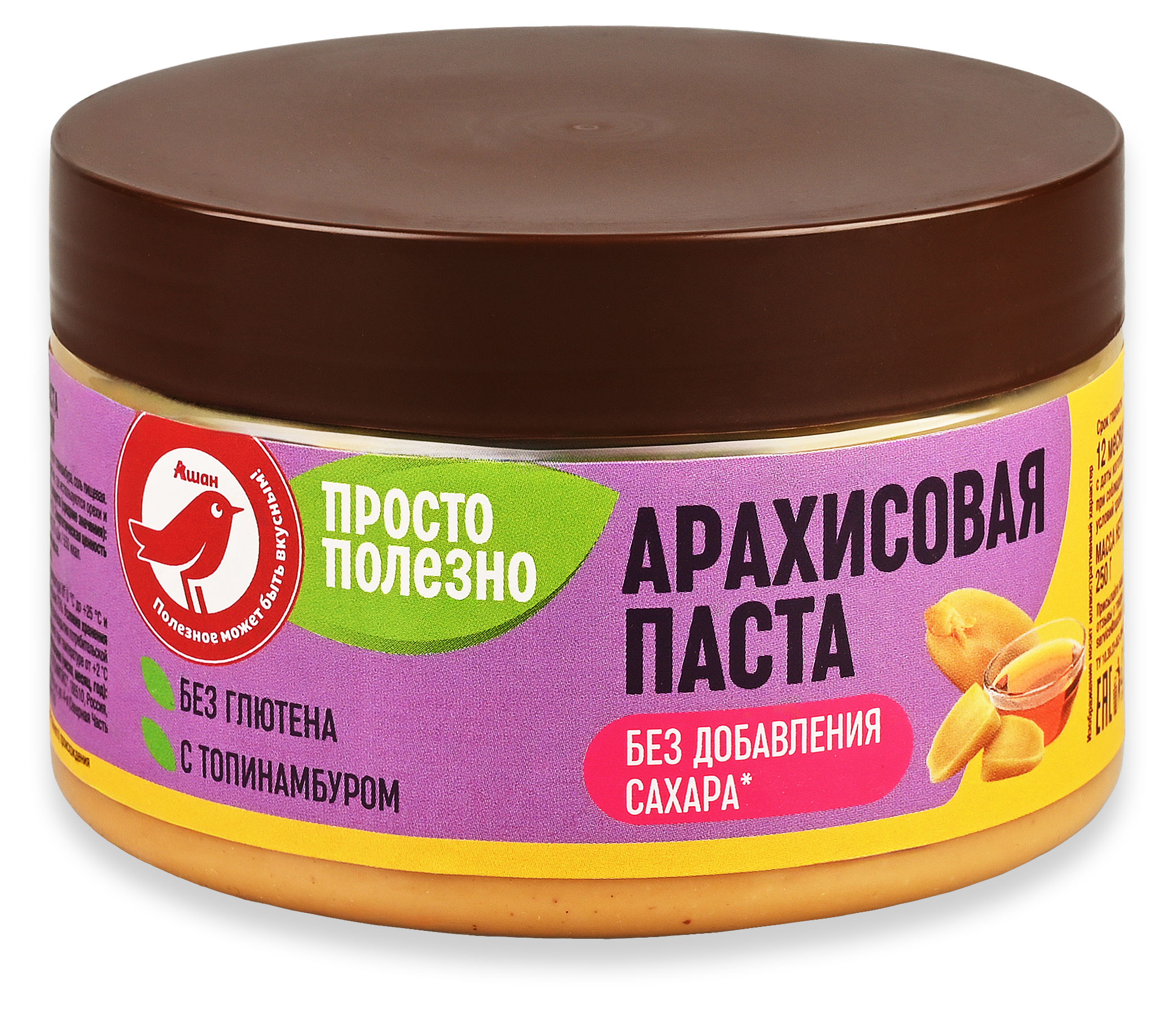 

Паста арахисовая АШАН Красная птица Просто Полезно с топинамбуром без добавления сахара, 250 г
