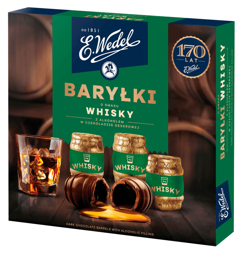 

Конфеты шоколадные E.Wedel Happy Barrels Whisky Flavor в форме бочонков с алкогольной начинкой со вкусом виски Польша, 200 г