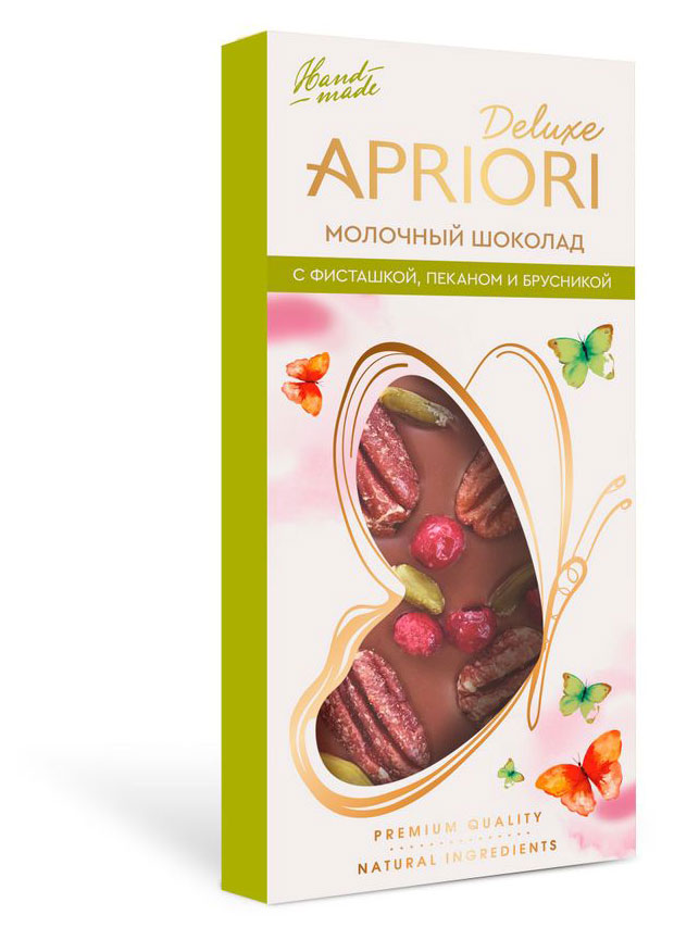 

Шоколад молочный "АПРИОРИ" Deluxe с фисташкой пеканом и брусникой, 85 г