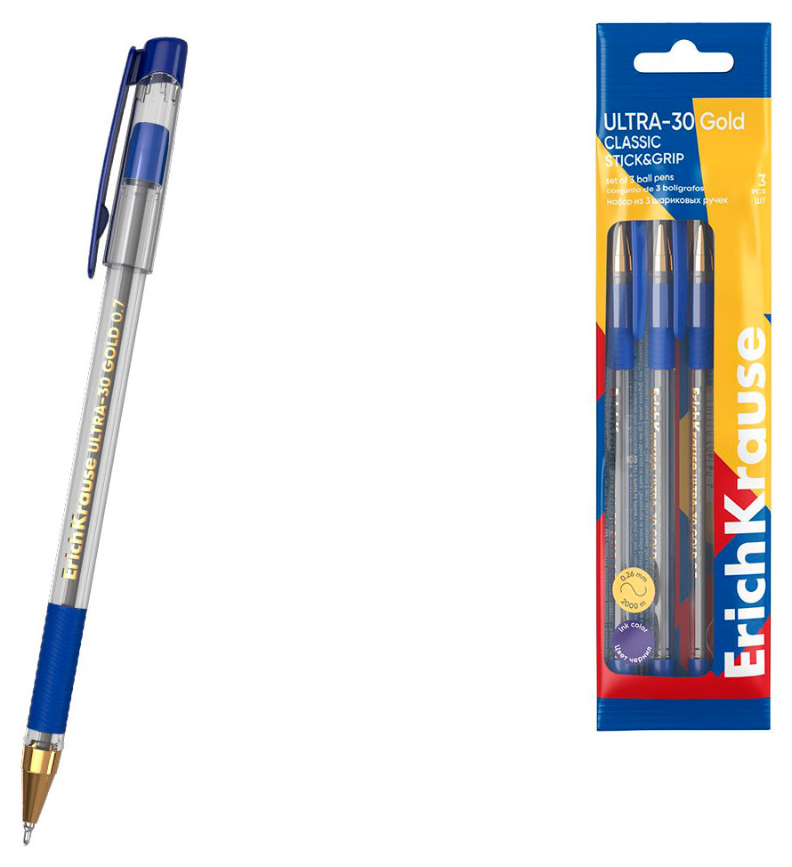 Изображение товара Набор ручек шариковых ErichKrause ULTRA-30 Gold Stick&Grip Classic 0,7 мм синие, 3 шт