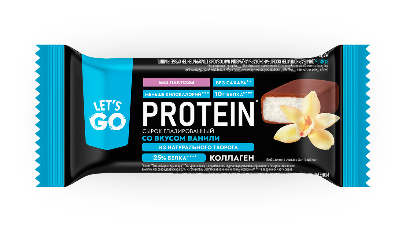 Изображение товара Сырок творожный глазированный Let's Go со вкусом ванили без лактозы высокобелковый с коллагеном без сахара 5% БЗМЖ, 40 г