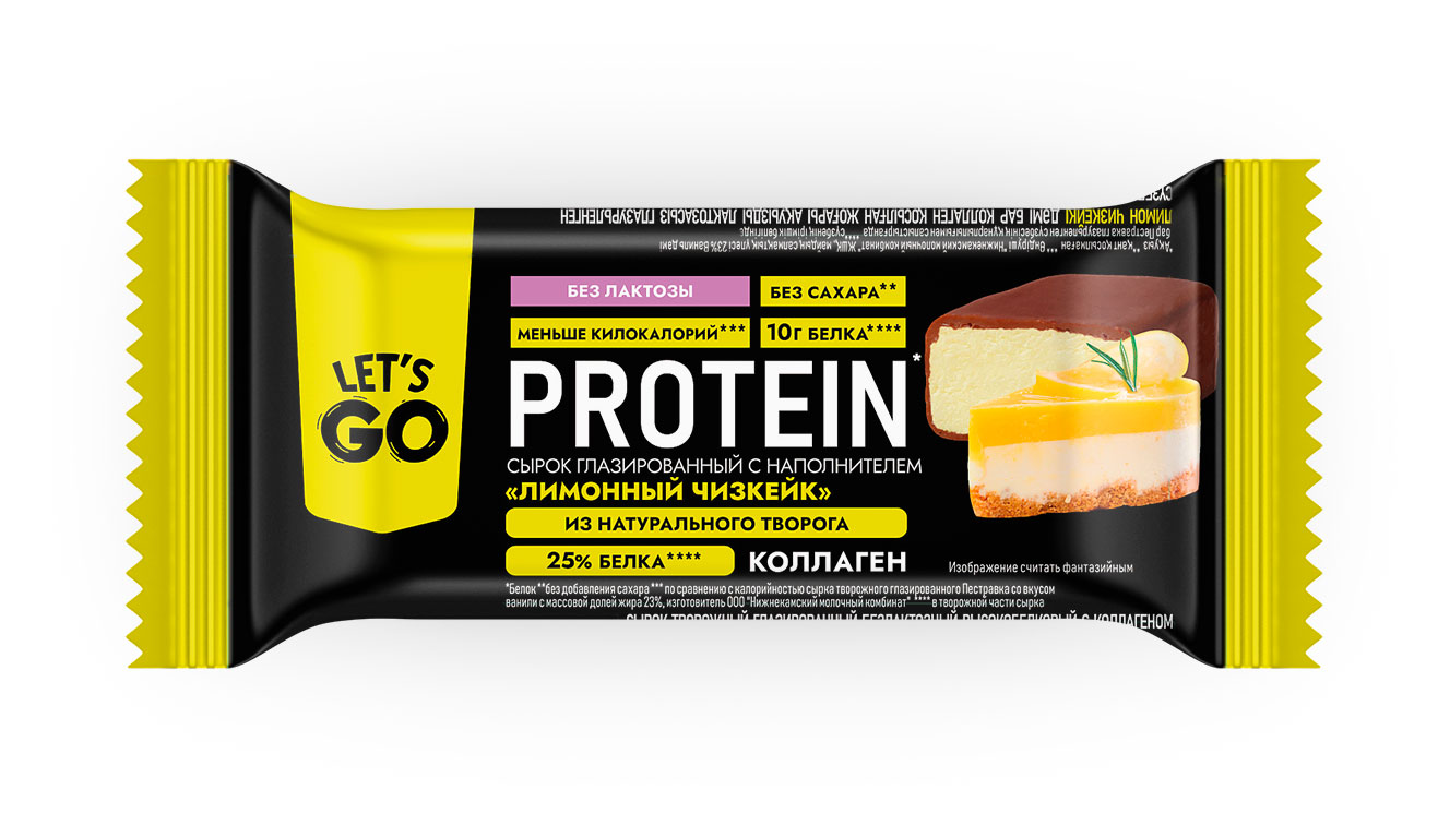 Изображение товара Сырок творожный глазированный Let's Go Лимонный чизкейк без лактозы высокобелковый с коллагеном без сахара 5% БЗМЖ, 40 г