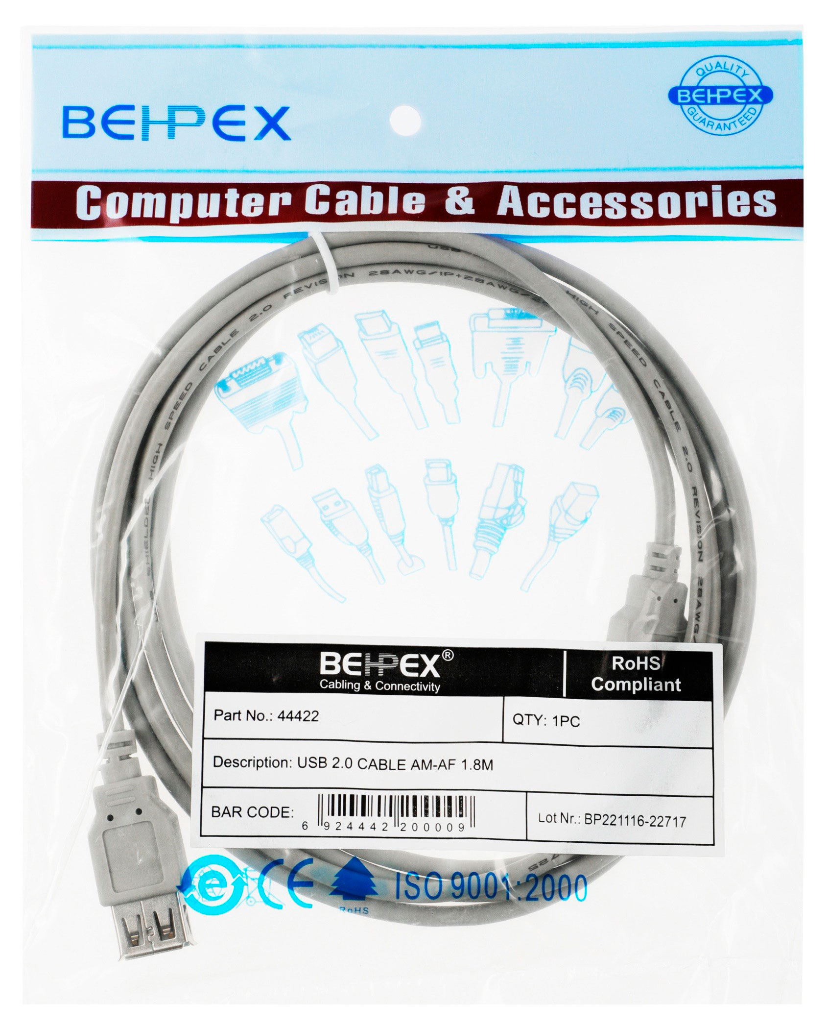 

Кабель-удлинитель Behpex USB2.0, 1,8 м