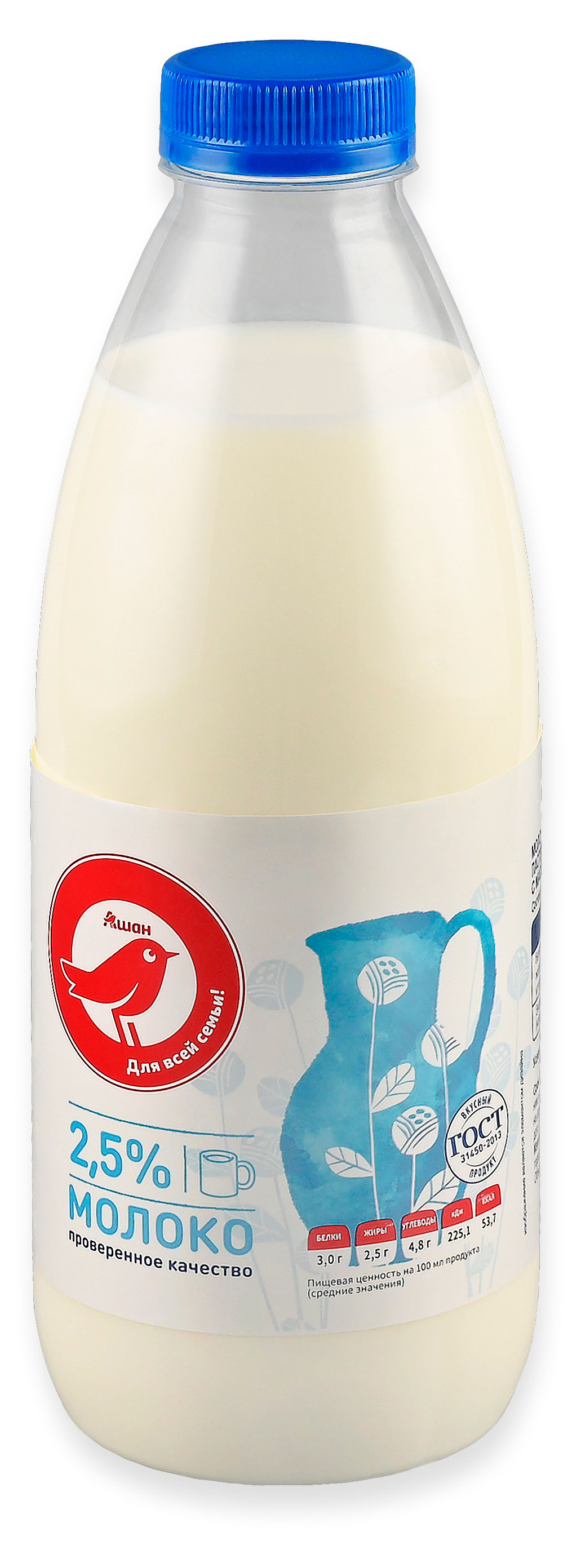 Изображение товара Молоко питьевое АШАН Красная птица пастеризованное 2,5% БЗМЖ, 900 мл