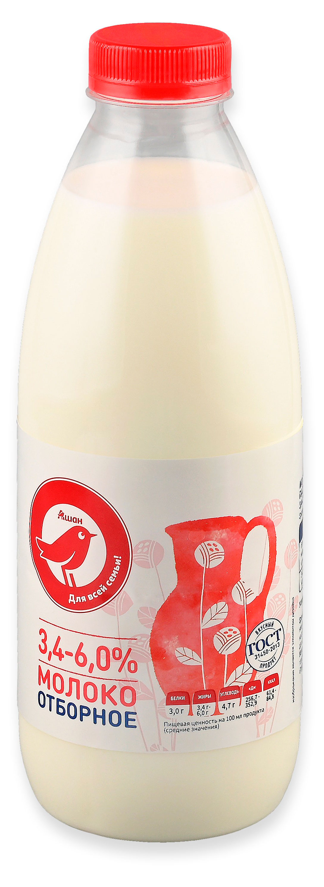 

Молоко питьевое АШАН Красная птица Отборное пастеризованное 3,4-6% БЗМЖ, 900 мл