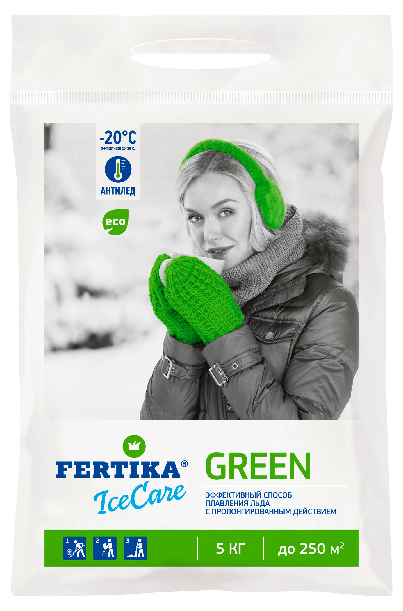 Изображение товара Противогололедный реагент Fertika Icecare green 5 кг для предотвращения гололеда