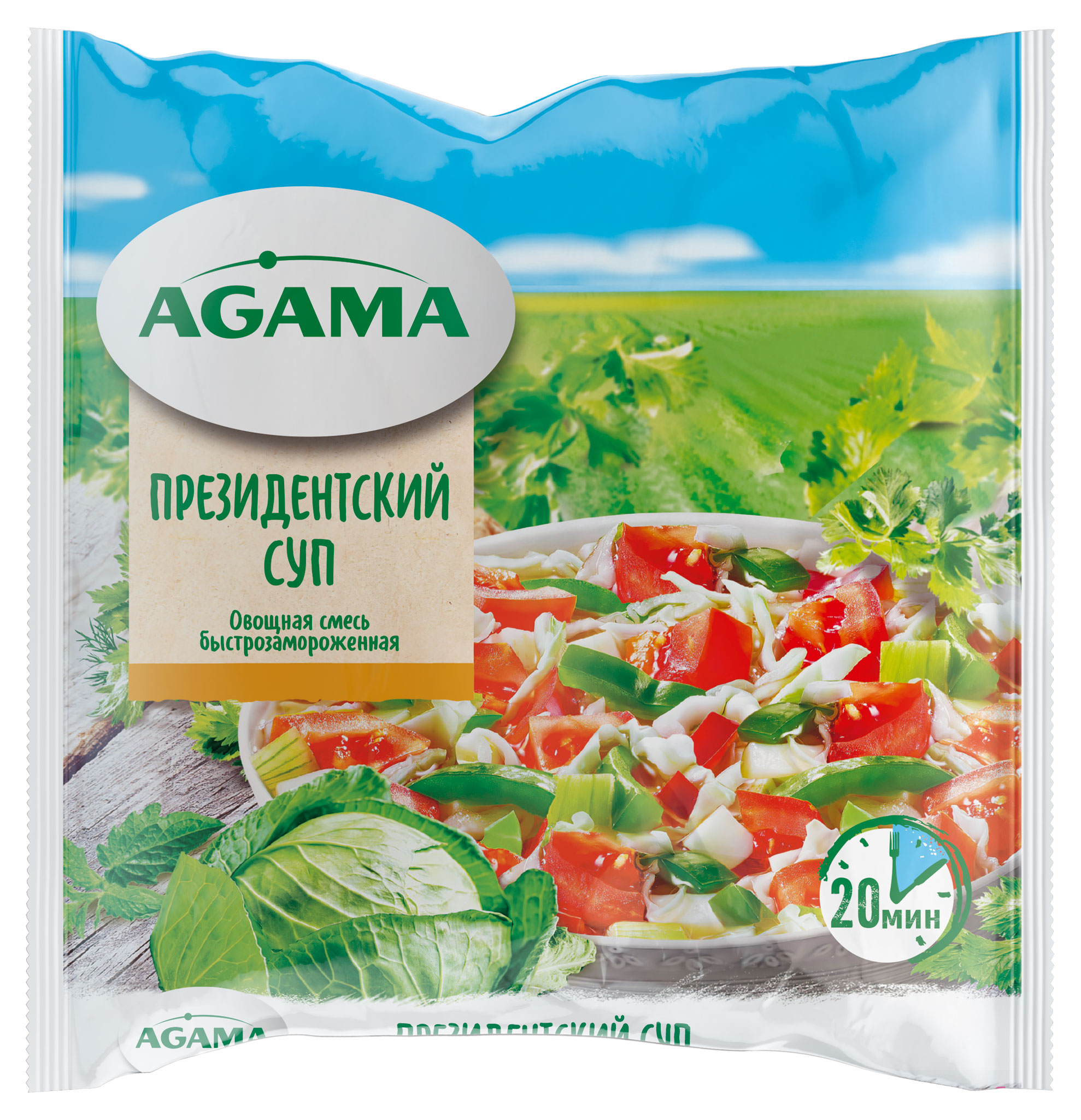 

Овощная суповая смесь Президенский суп Agama капуста белокочанная томаты сельдерей лук перец болгарский замороженная, 400 г