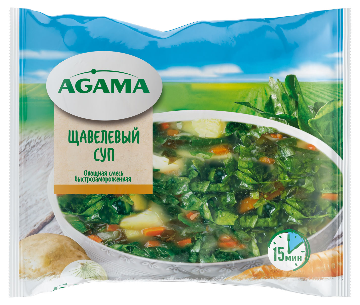 

Овощная суповая смесь Щавелевый суп Agama картофель щавель морковь лук замороженная, 400 г
