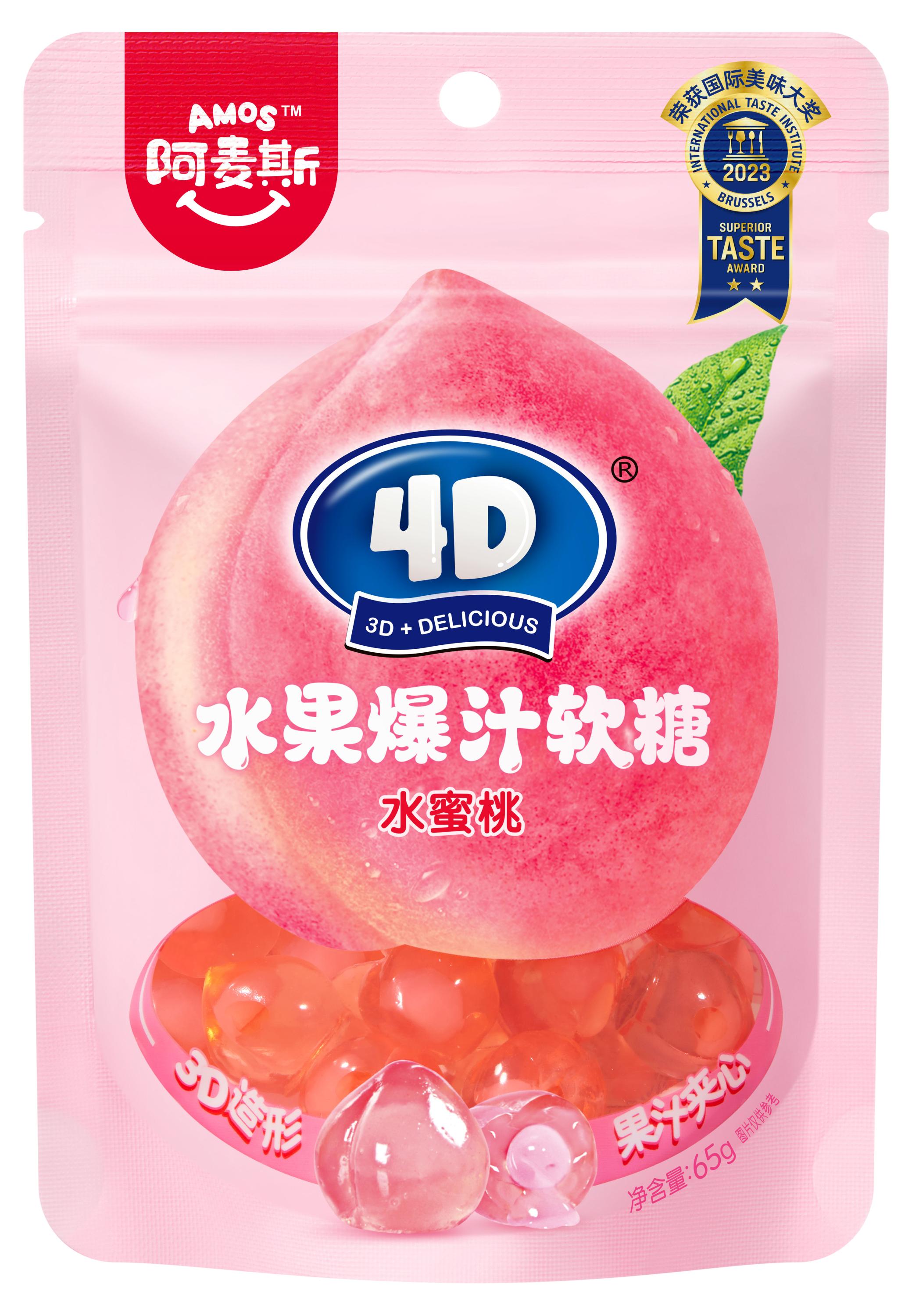 

Конфеты жевательные Amos 4D с соком персика Китай, 65 г