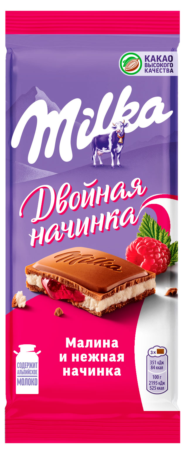 

Шоколад молочный Milka С двухслойной начинкой Малина и нежная начинка, 80 г
