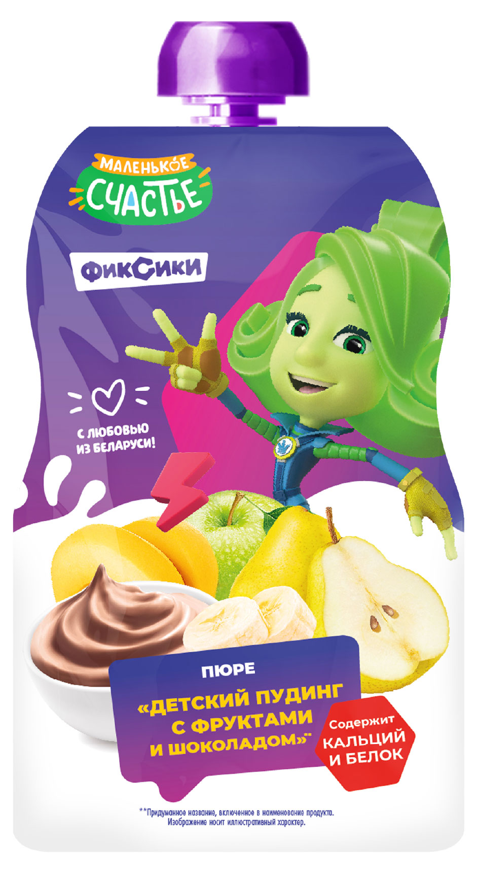 Изображение товара Пюре фруктовое «Маленько счастье» Фиксики Пудинг с фруктами и шоколадом 9+ мес. Беларусь, 90 г
