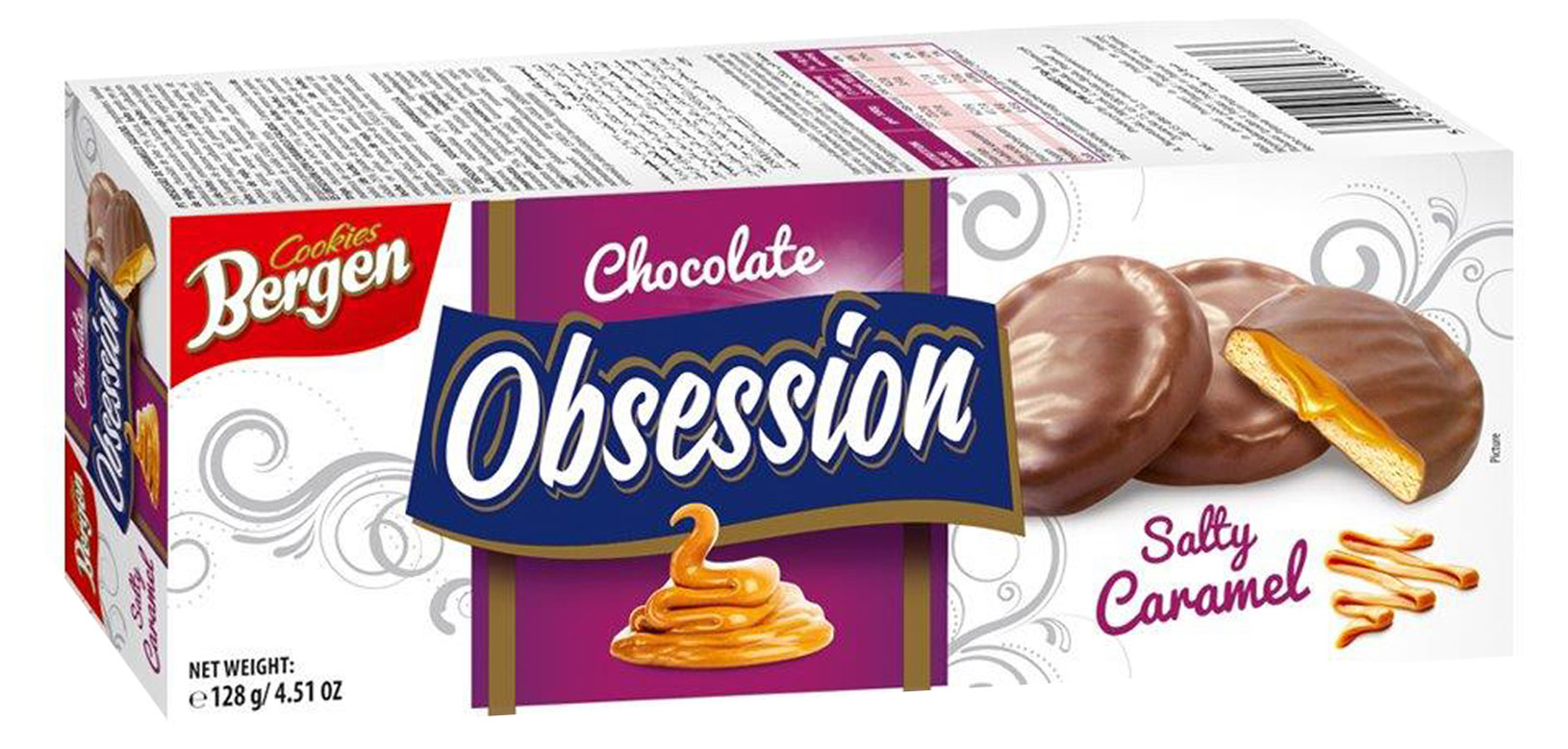 

Печенье рассыпчатое Bergen Crisp cookies with salted caramel and milk chocolat Obsessio с соленой карамелью, покрытое молочным шоколадом Польша, 128 г