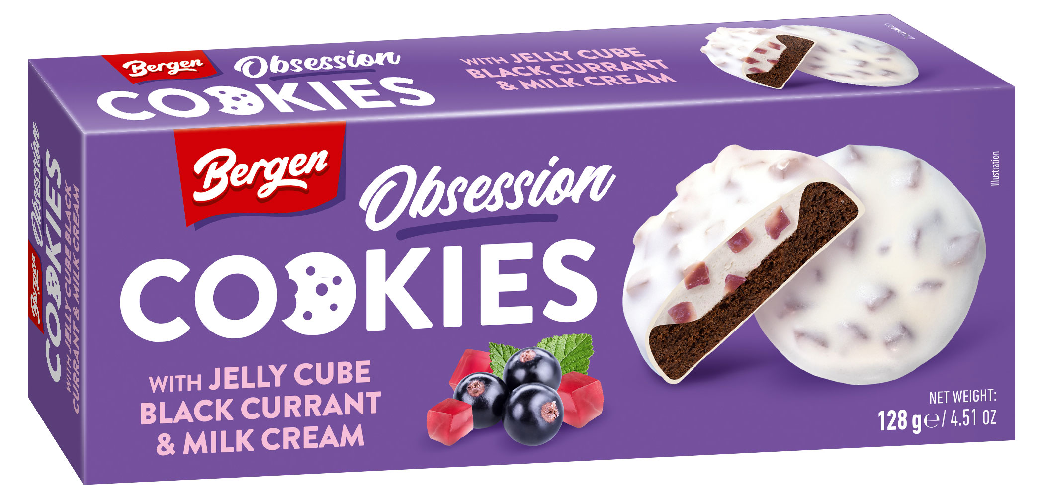 

Печенье шоколадное Bergen Obsession cookies with jelly cube Black Currant & Milk Cream с кусочками желе со вкусом черной смородины и молочным кремом Польша, 128 г