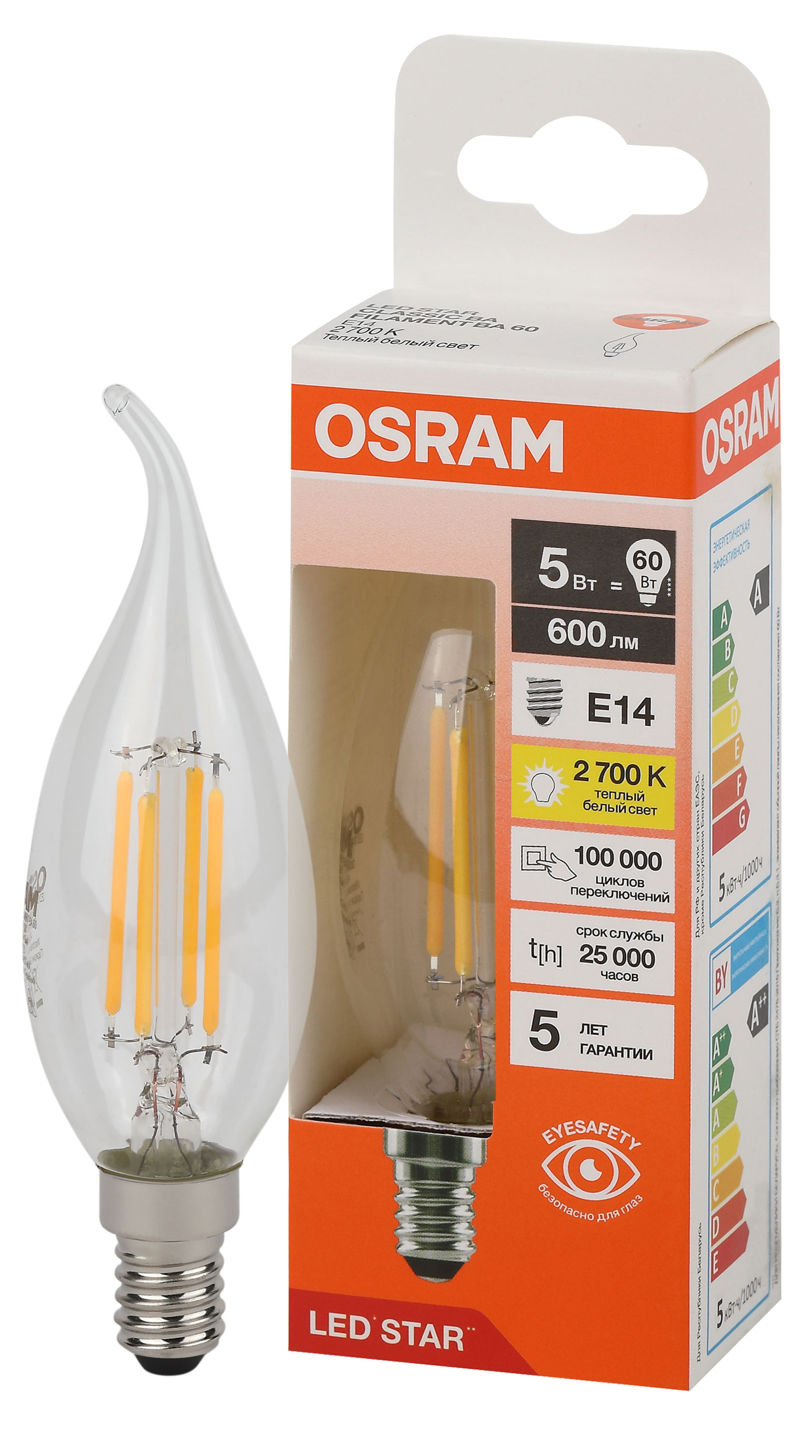 Изображение товара Лампа Osram LED STAR свеча 5W E14 теплый белый свет, 1 шт