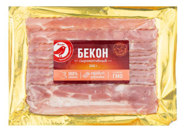 Изображение товара Бекон сырокопченый АШАН Красная птица из свинины на натуральной щепе в нарезке, 200 г