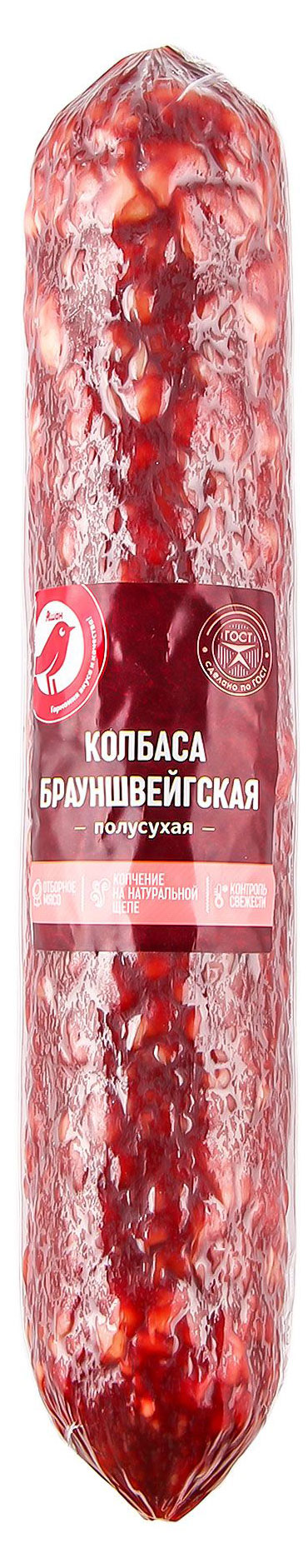 

Колбаса сырокопченая АШАН Красная птица Брауншвейгская полусухая на щепе ГОСТ, ~ 500 г