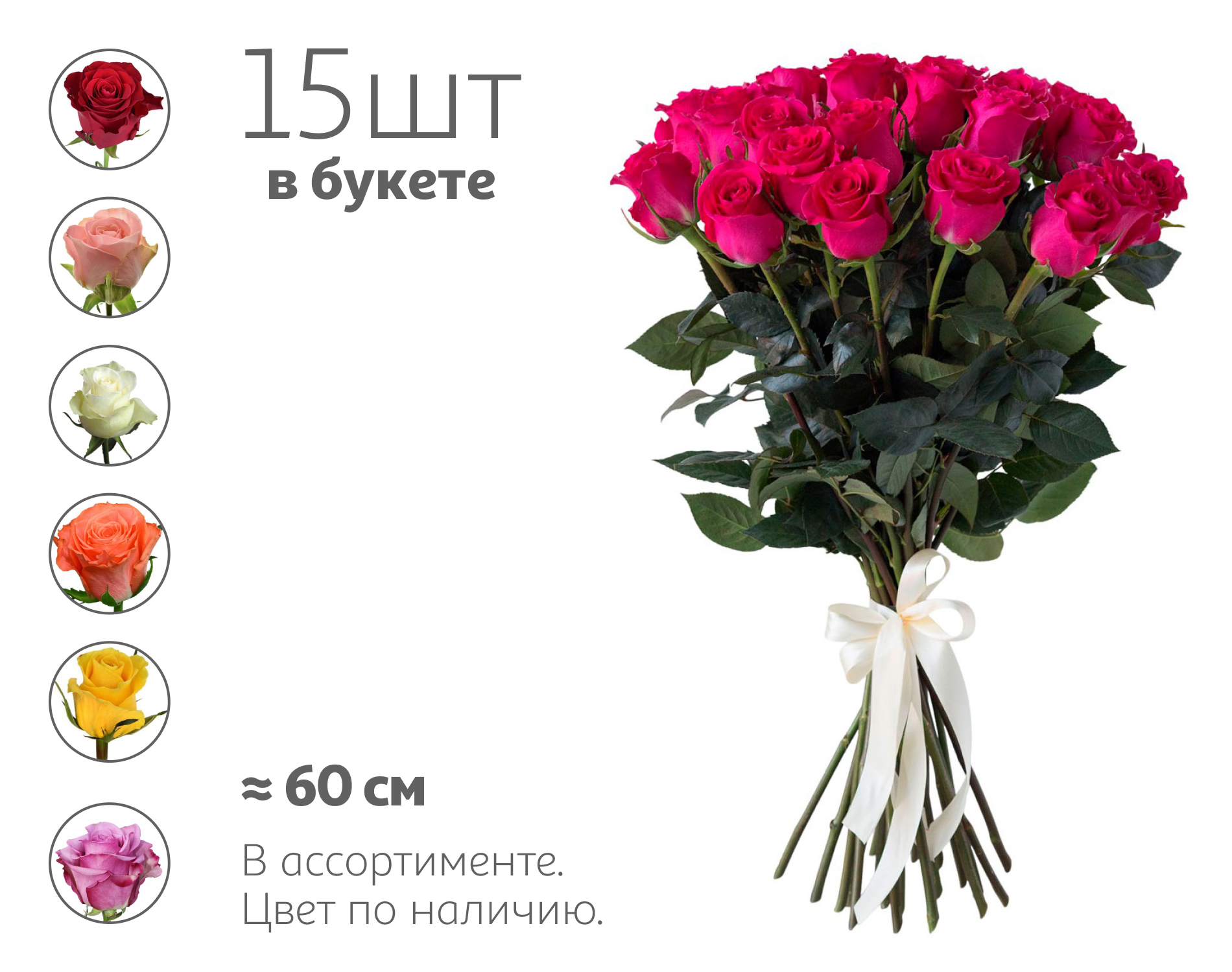 

Букет живых срезанных цветов 15 Моно роза из 15 роз в упаковке в ассортименте h 60 см, 1 шт