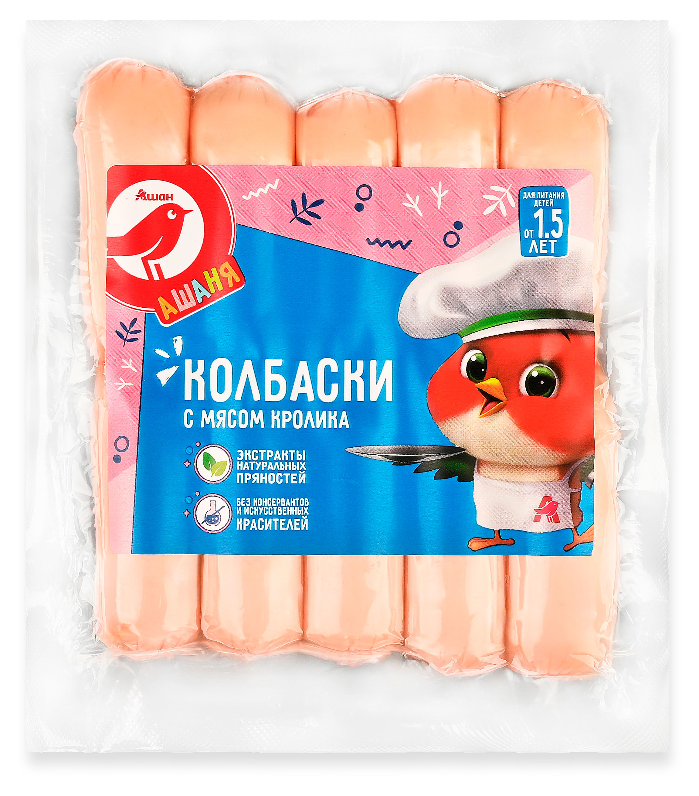 Изображение товара Колбаски АШАН Красная птица Ашаня мини с мясом кролика, 180 г
