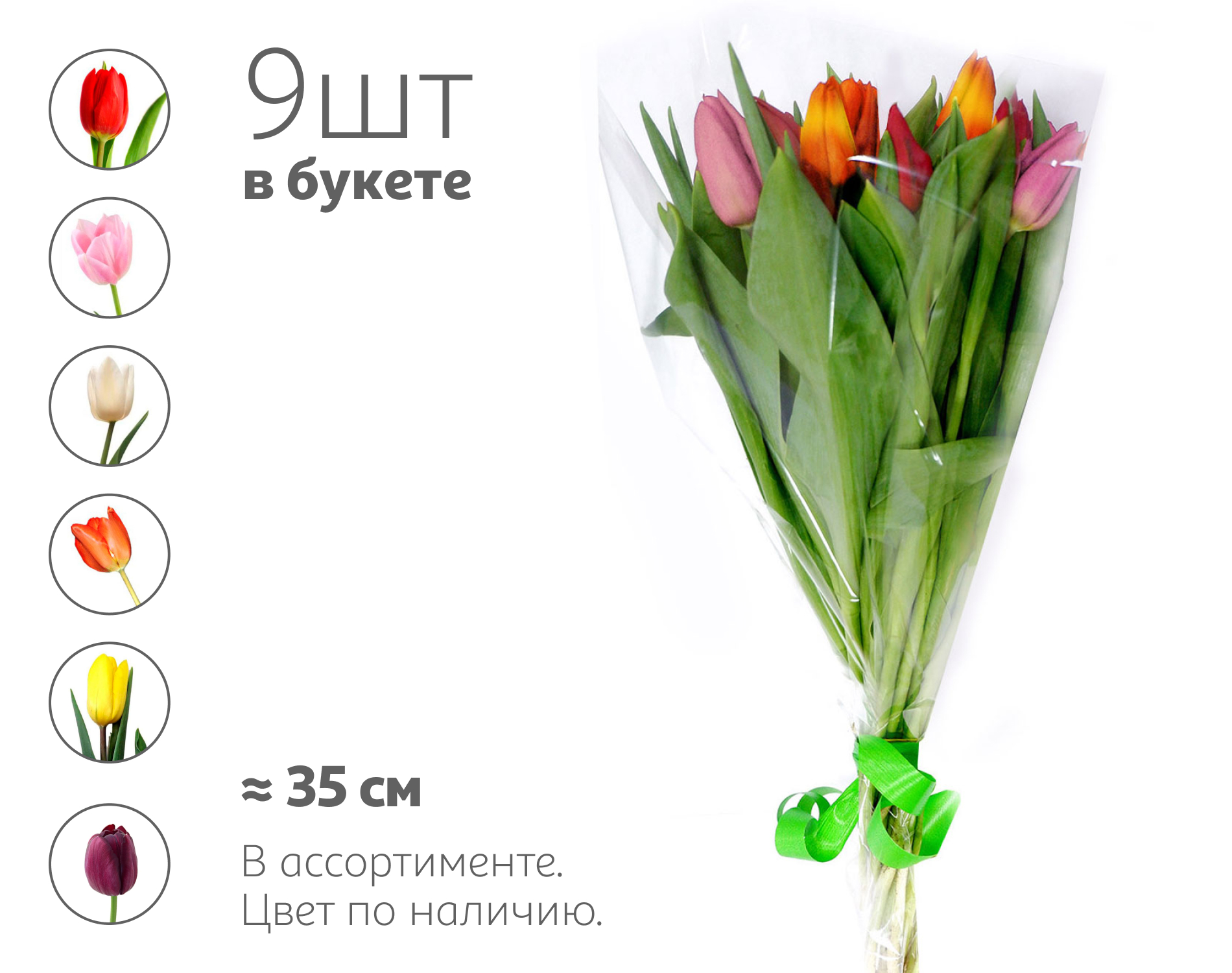 

Букет живых срезанных цветов из 9 тюльпанов в упаковке в ассортименте h 35 см, 1 шт