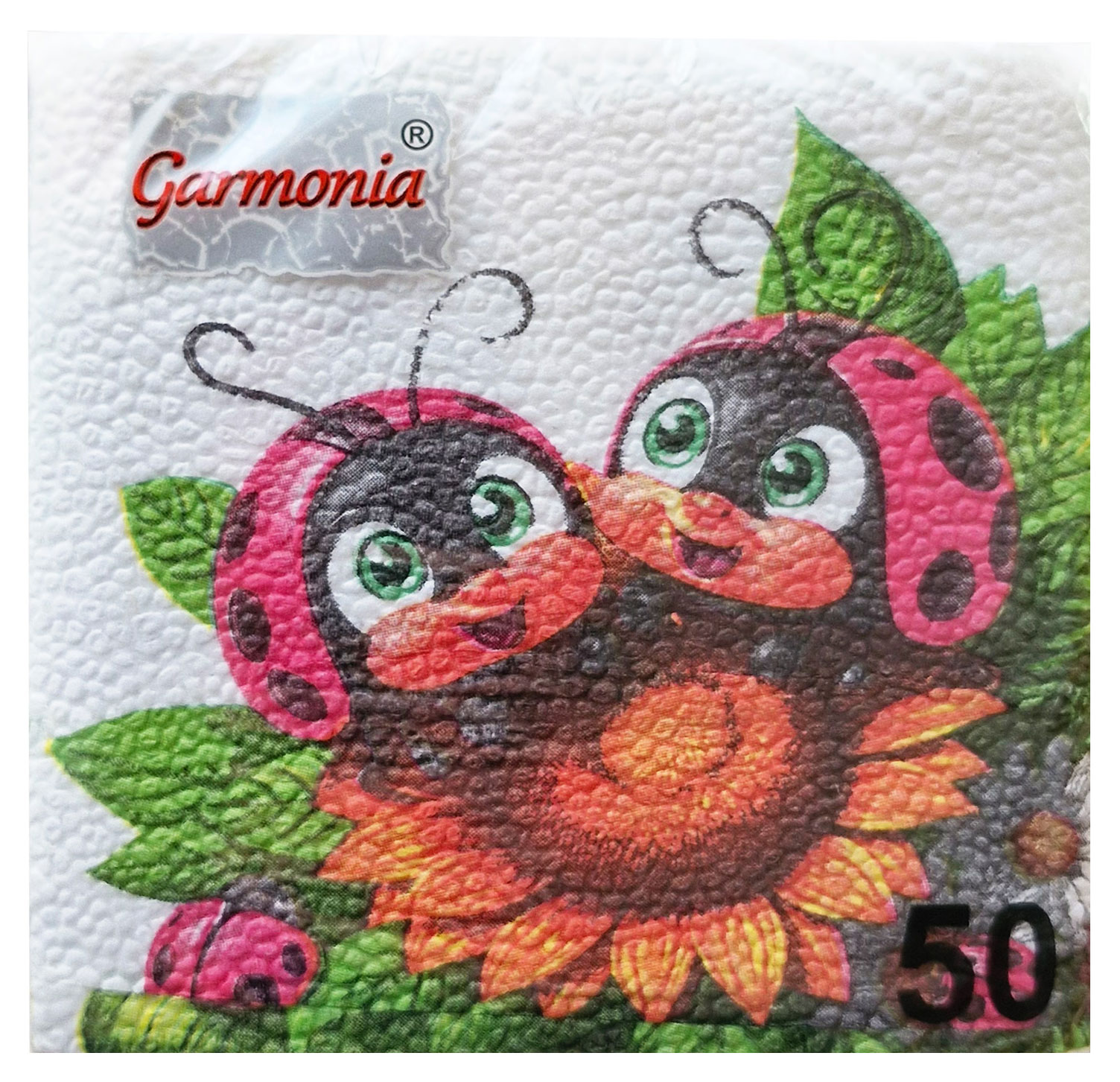 

Салфетки бумажные Garmonia Божьи коровки 1 слой 24х24 см, 50 л