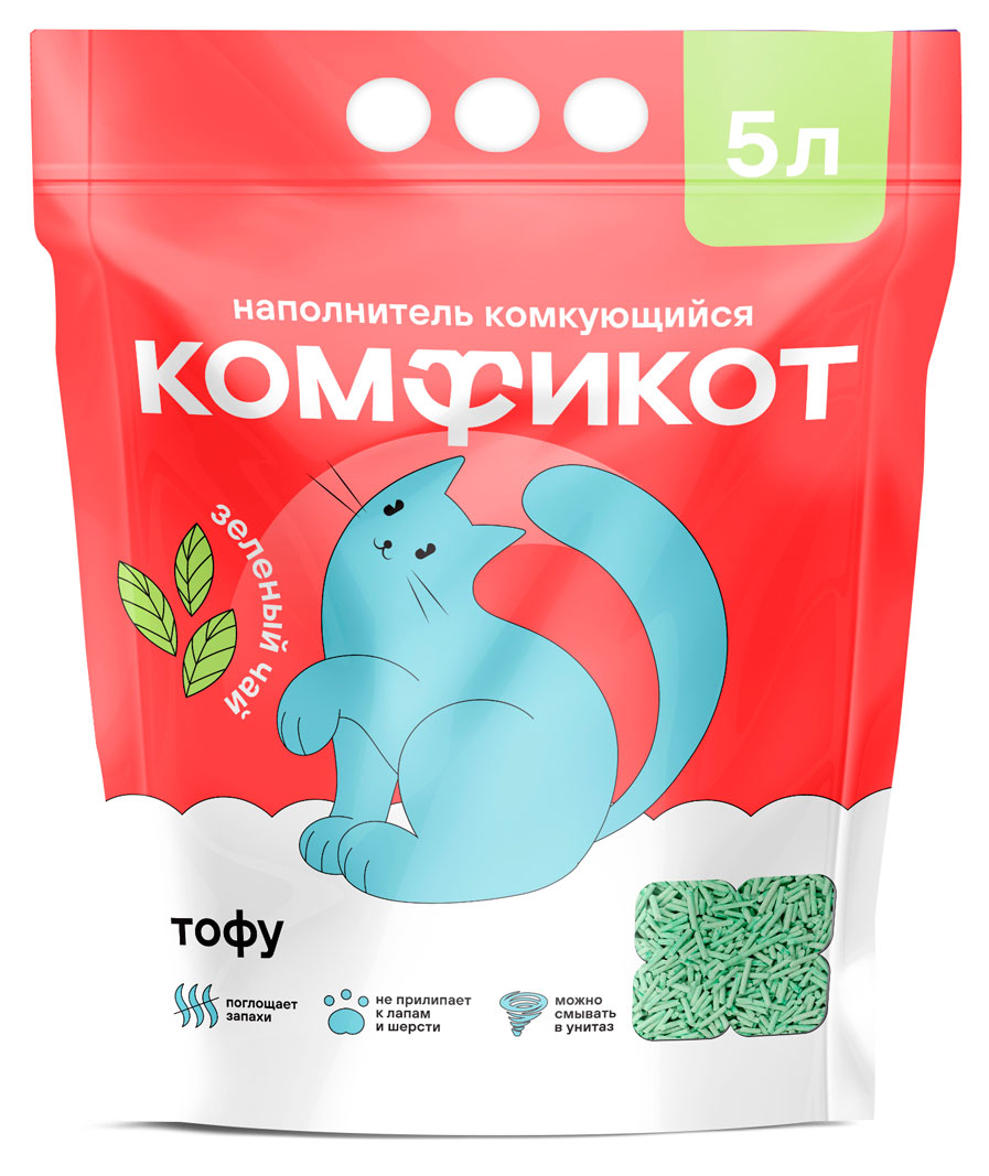 Изображение товара Комфикот тофу зеленый чай комкующийся, 5 л наполнитель для кошачьего туалета