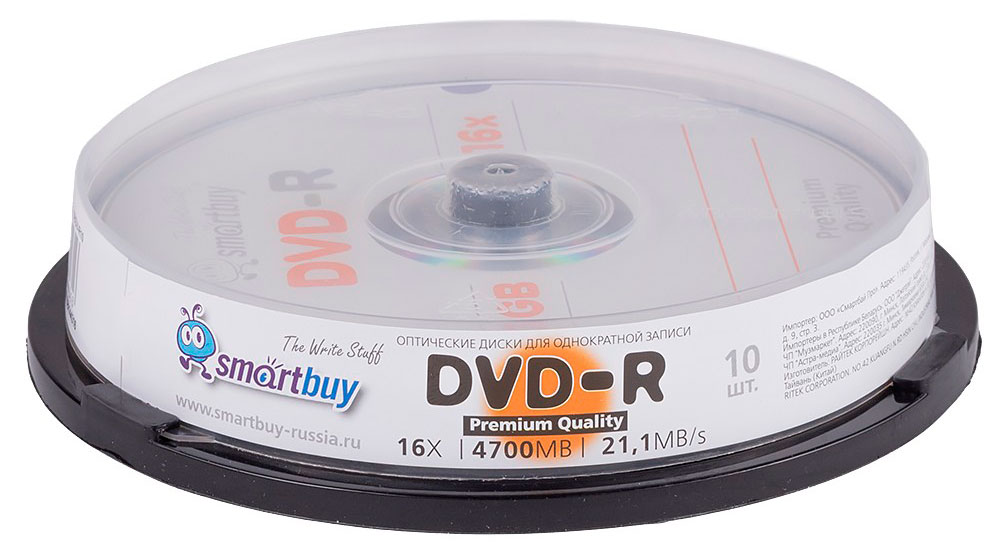 

Диски для записи SmartBuy DVD-R 4,7 ГB 16х, 10 шт