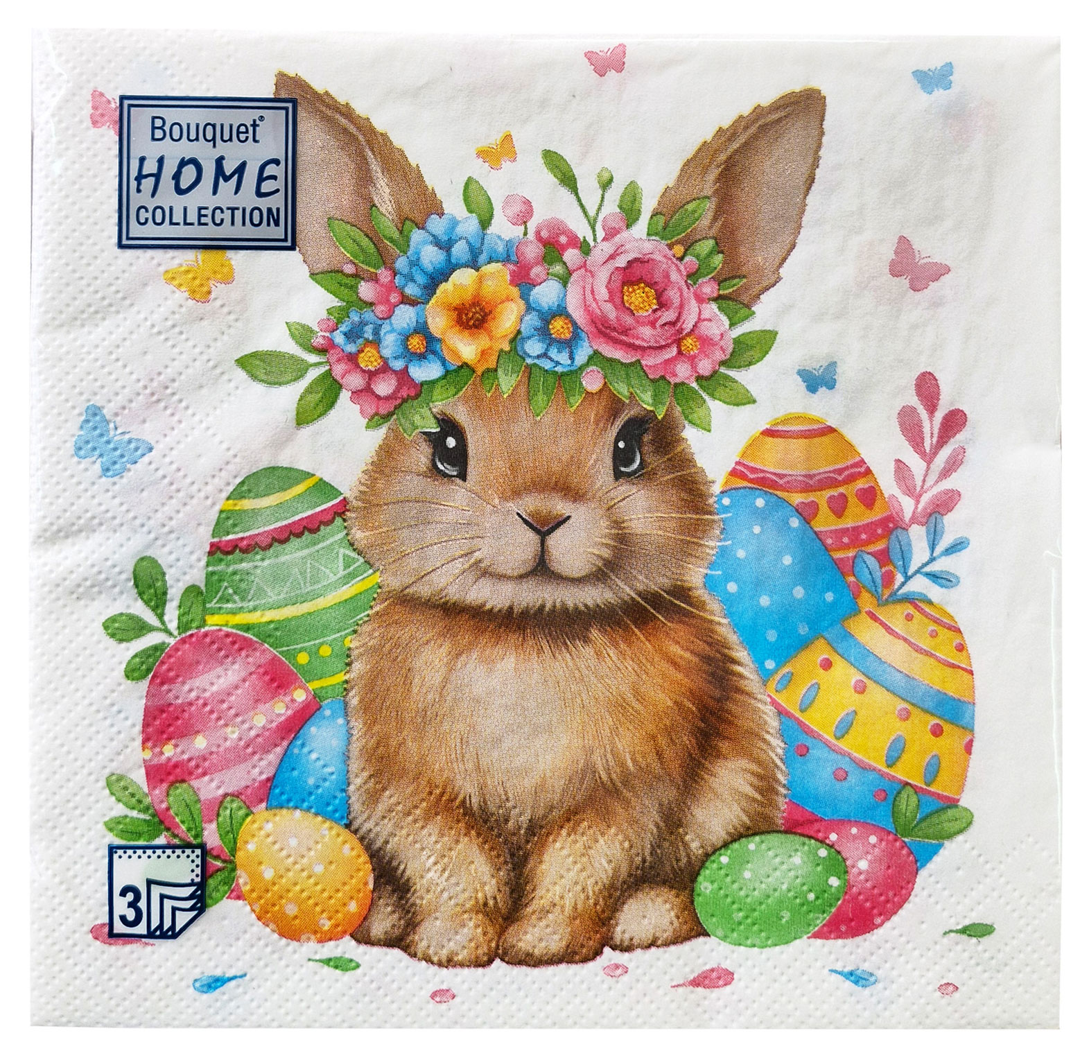 Изображение товара Салфетки одноразовые бумажные Bouquet трехслойные кролик в цветочном венке 33х33 см , 20 шт