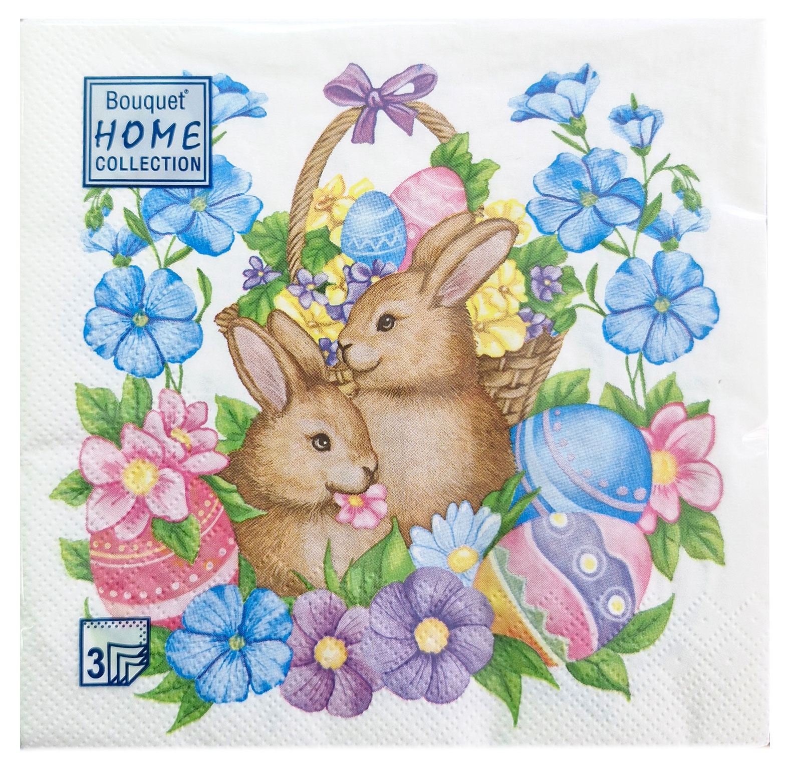 Изображение товара Салфетки одноразовые бумажные Bouquet трехслойные кролики в пасхальной корзине 33х33 см, 20 шт