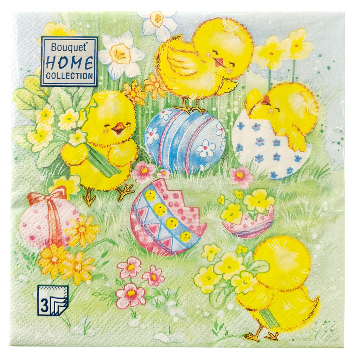 Изображение товара Салфетки одноразовые бумажные Bouquet трехслойные пасхальные цыплята 33х33 см, 20 шт