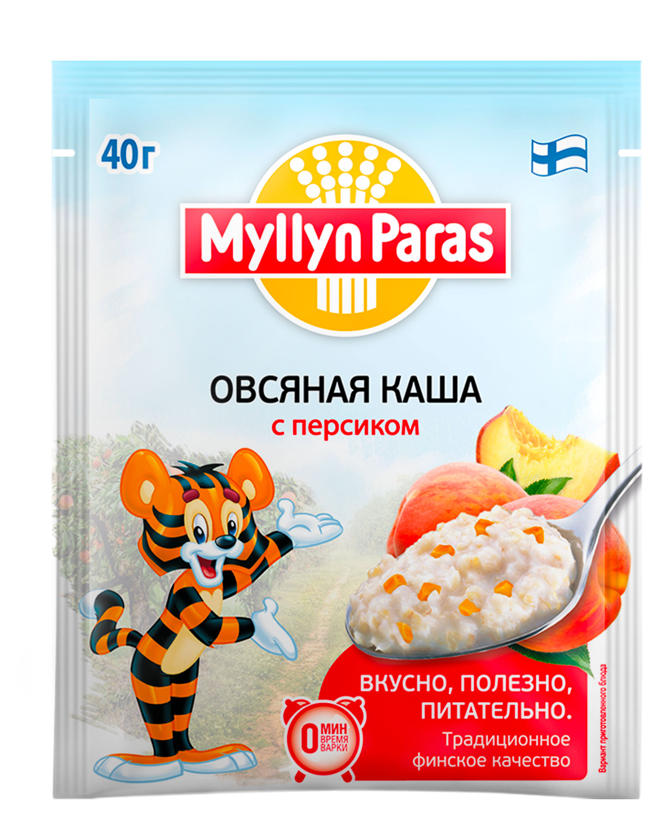 Изображение товара Каша моментального приготовления Myllyn Paras Тигренок Овсяная с персиком, 40 г