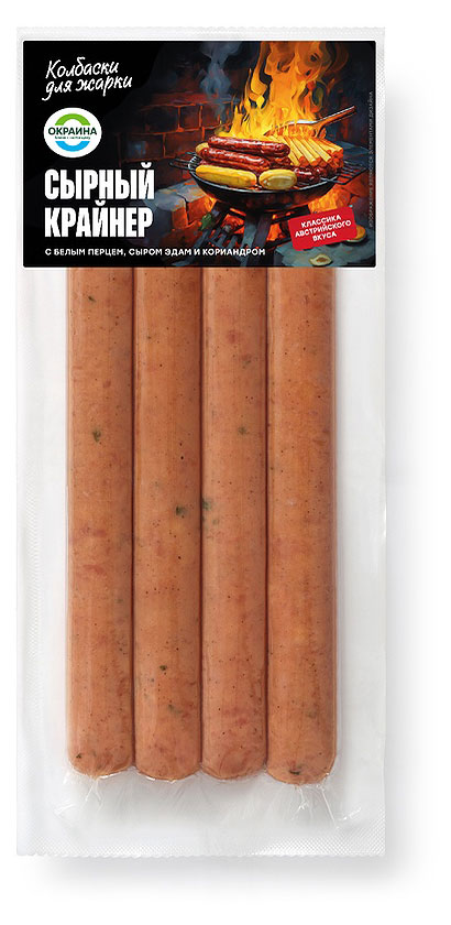 Изображение товара Колбаски для жарки «Окраина» Сырный Крайнер с белым перцем сыром эдам и кориандром, 360 г