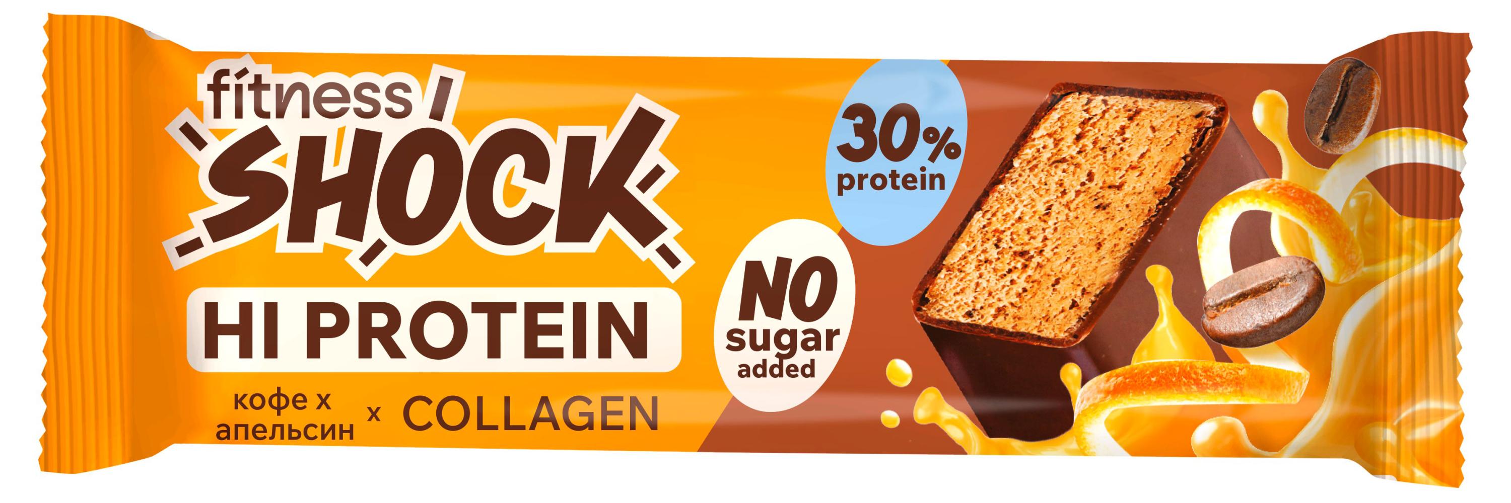 Изображение товара Батончик протеиновый FitnesSHOCK Hi Protein кофе апельсин с коллагеном, 40 г