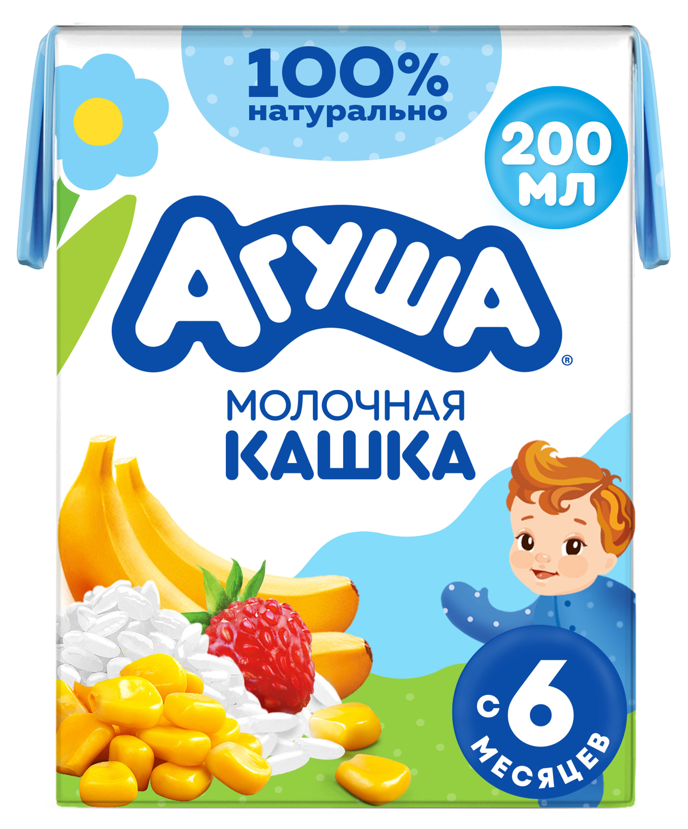 Изображение товара Детская молочная каша Агуша рисово-кукурузная с бананом и земляникой 200 мл