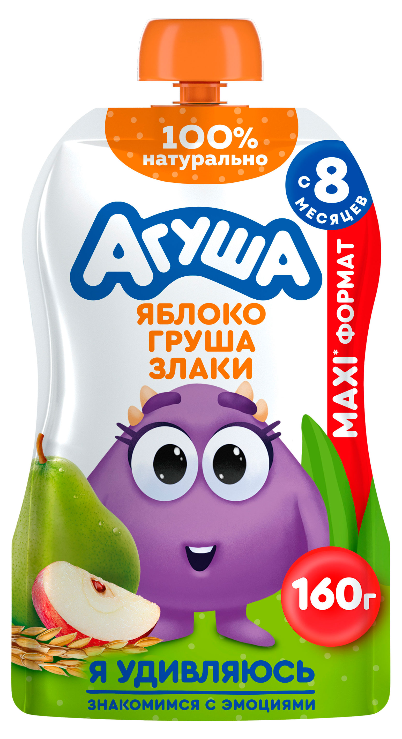 Изображение товара Фруктовое пюре Агуша яблоко груша со злаками 160 г для детей 8 месяцев и старше