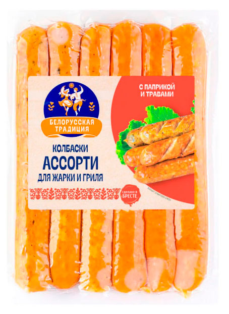 

Колбаски полукопченые Белорусская традиция Ассорти с паприкой и травами для жарки и гриля Беларусь, 300 г