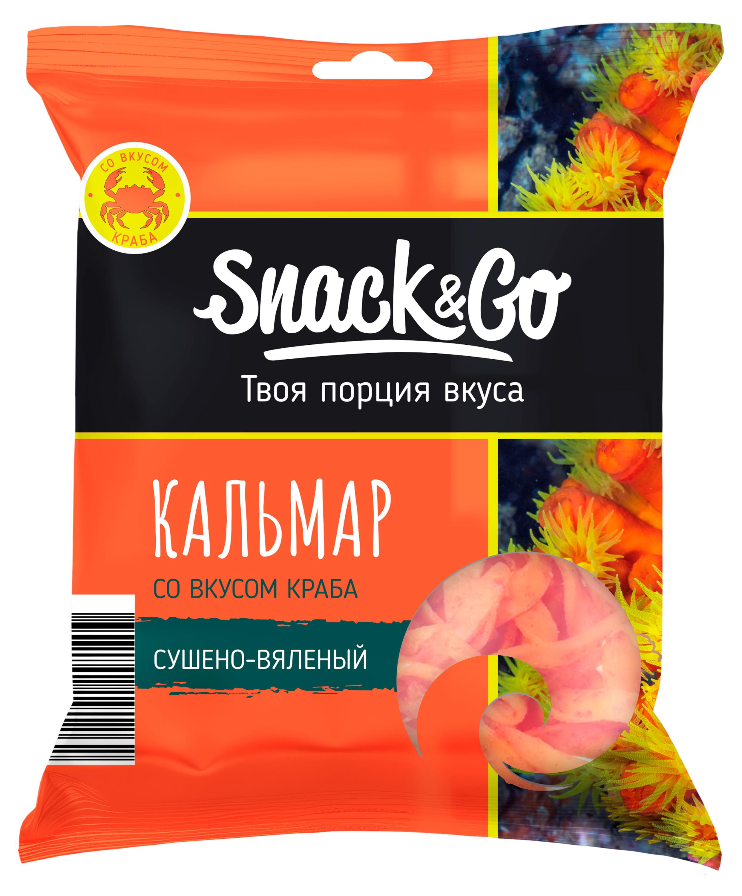 Изображение товара Кальмар Snack&Go полукольца сушено-вялены со вкусом краба, 36 г