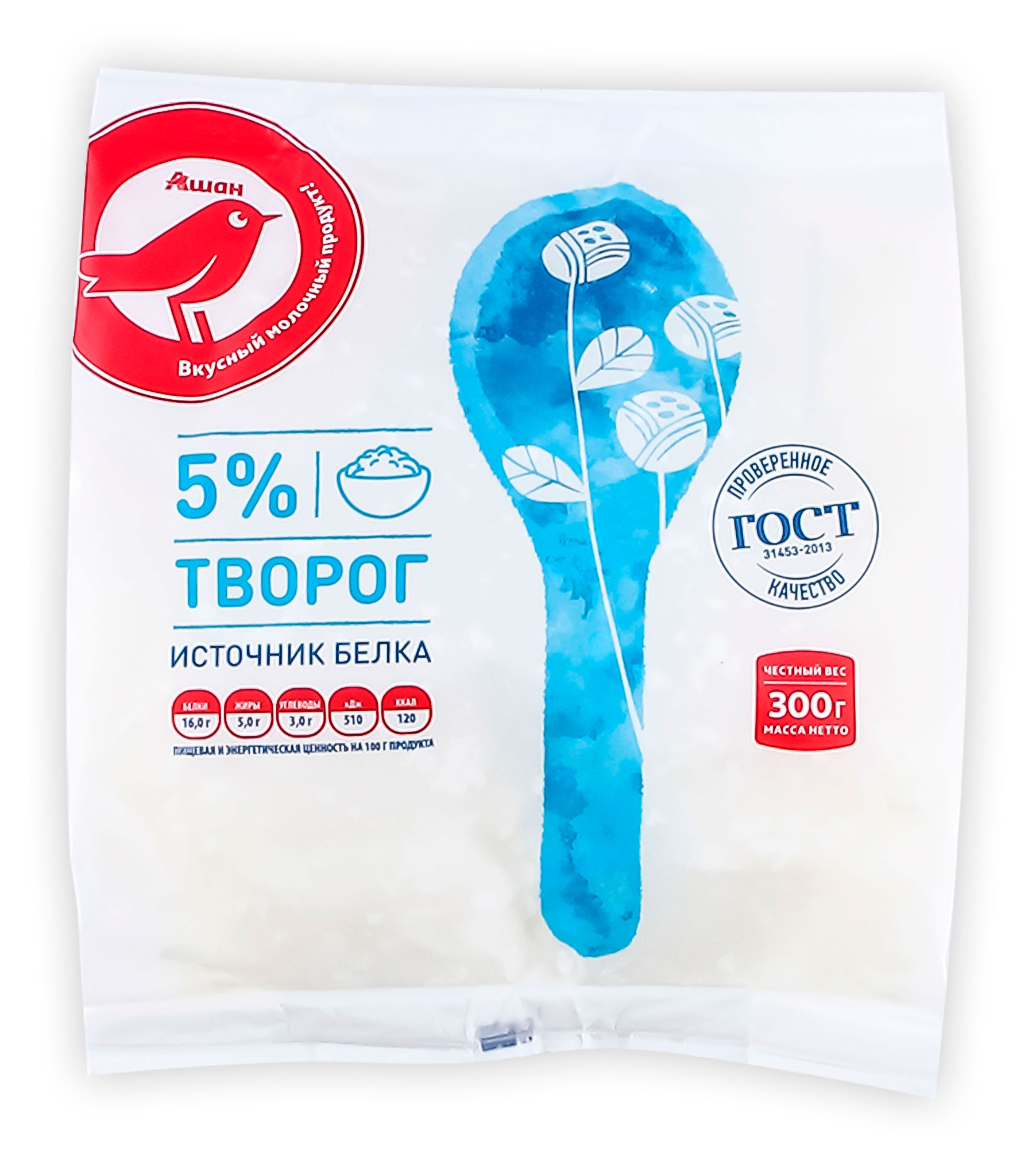 Изображение товара Творог классический АШАН Красная птица 5% БЗМЖ 300 г