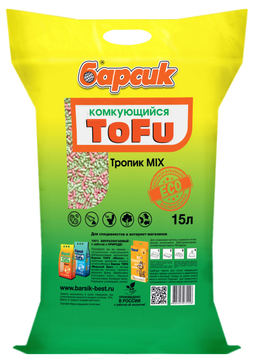Изображение товара Комкующийся наполнитель Барсик TOFU Тропик MIX с фруктовым ароматом 15 л