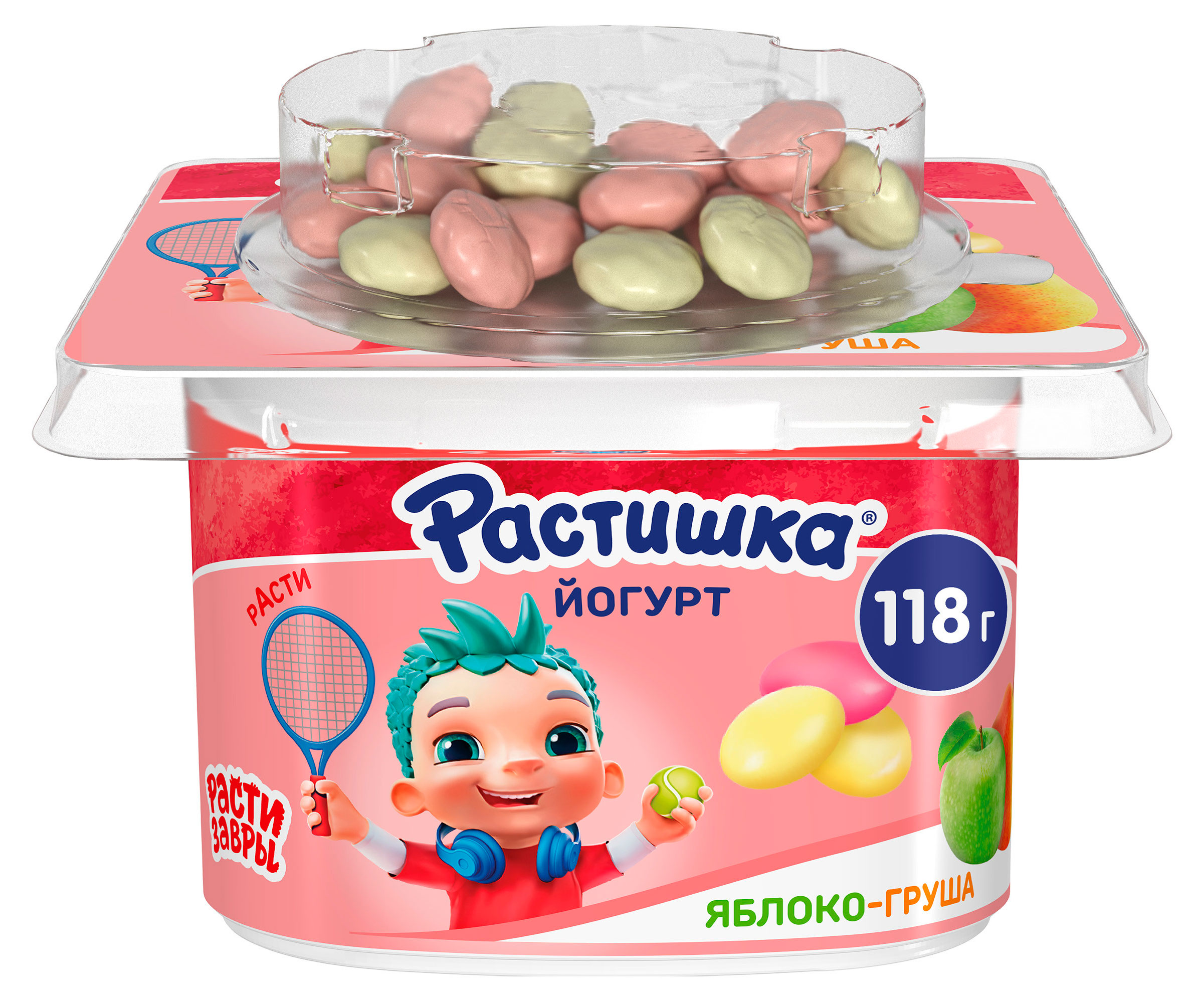 Изображение товара Йогурт густой детский «Растишка» Яблоко Груша Печенье в шоколаде с драже, 118 г