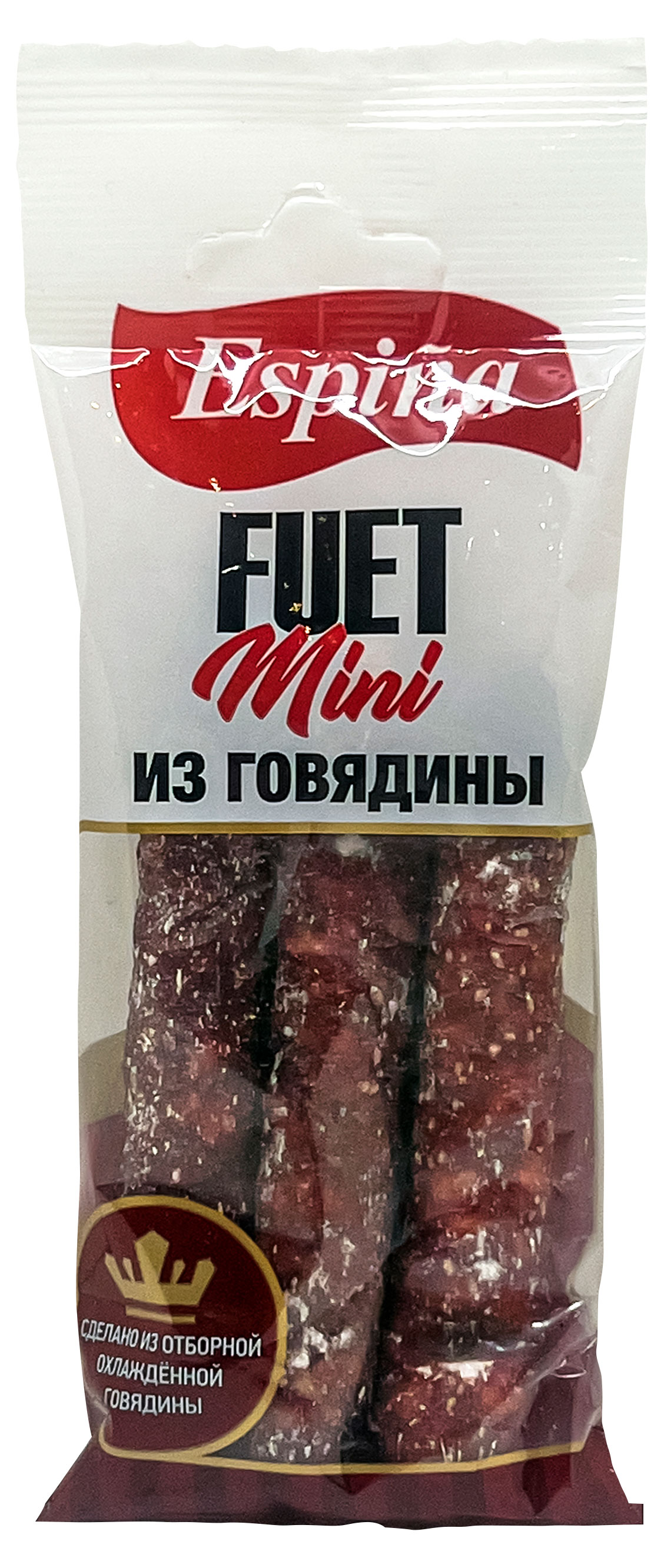 

Мясные снеки Колбаски мини сыровяленая Espina Fuet Mini Фуэт из говядины с белой плесенью полусухая, 60 г
